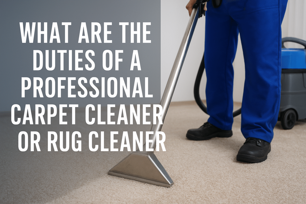 A Professional Carpet Cleaner wearing blue uniform uses a steam cleaning machine on a beige carpet, demonstrating deep cleaning duties and modern carpet cleaning services in a residential setting.