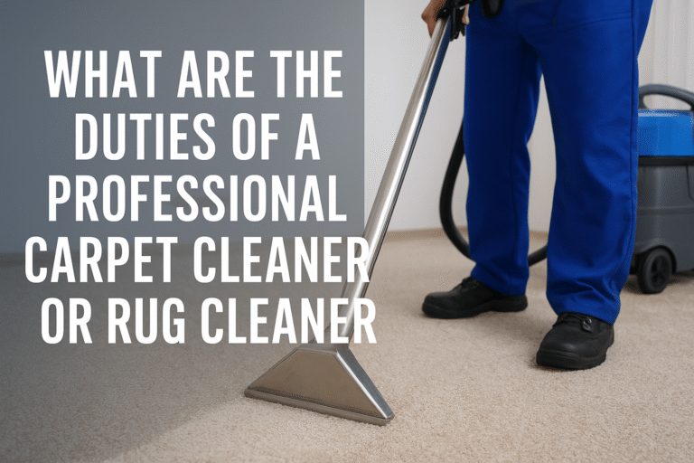 A Professional Carpet Cleaner wearing blue uniform uses a steam cleaning machine on a beige carpet, demonstrating deep cleaning duties and modern carpet cleaning services in a residential setting.