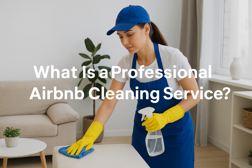 A professional Airbnb cleaner wearing a blue apron, yellow gloves, and a cap is sanitizing a modern living room with a spray bottle and microfiber cloth, preparing the property for the next guest in a bright, tidy Airbnb rental. Airbnb cleaning