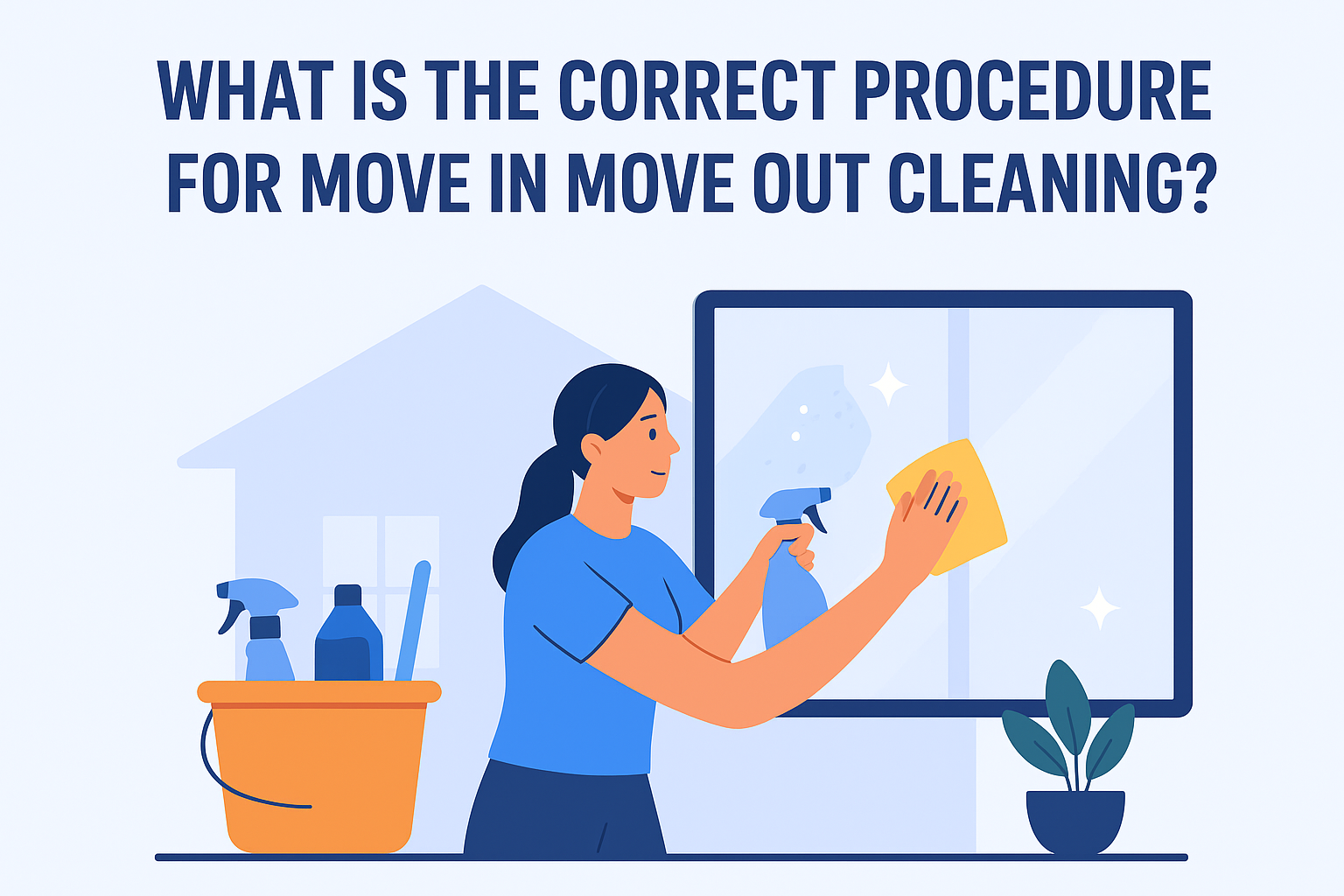"Professional cleaner performing move in move out cleaning, wiping window with spray bottle and cloth, next to cleaning bucket illustrating deep cleaning and sanitizing procedure for apartments and rental properties."
