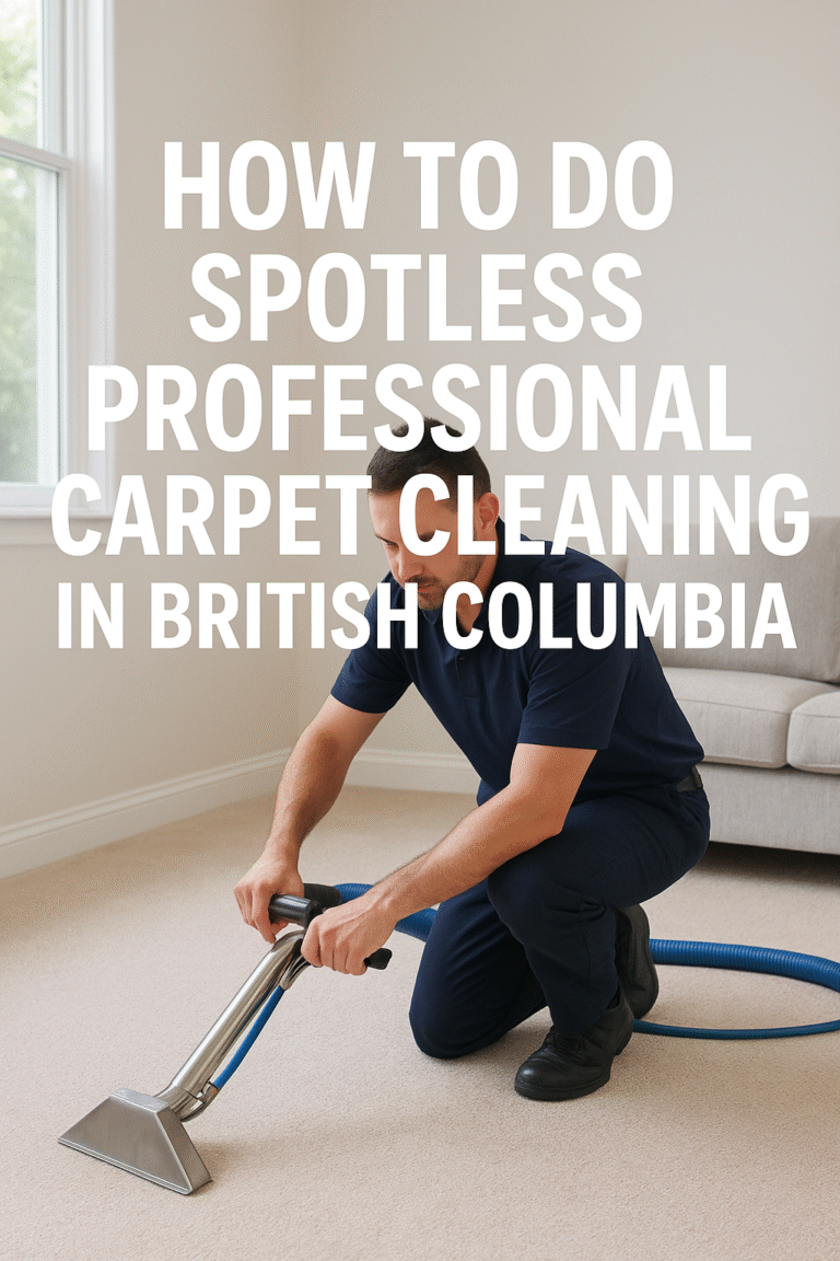 “Technician performing professional carpet cleaning in a British Columbia home, with spotless carpet result”