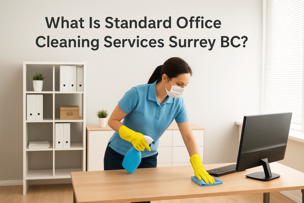 “A professional cleaner wearing a mask and gloves wipes down an office desk with a spray bottle in Surrey, BC, representing standard office cleaning services in Surrey, BC, a bright, modern workspace.