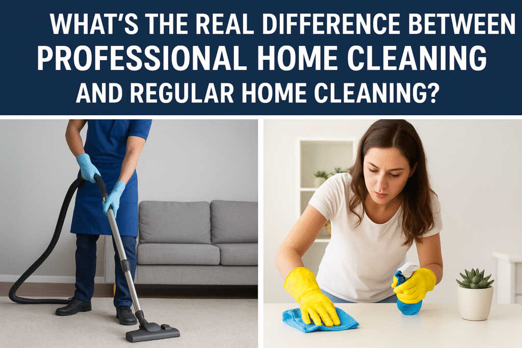 “Professional home cleaning using advanced equipment vs homeowner doing regular cleaning tasks”